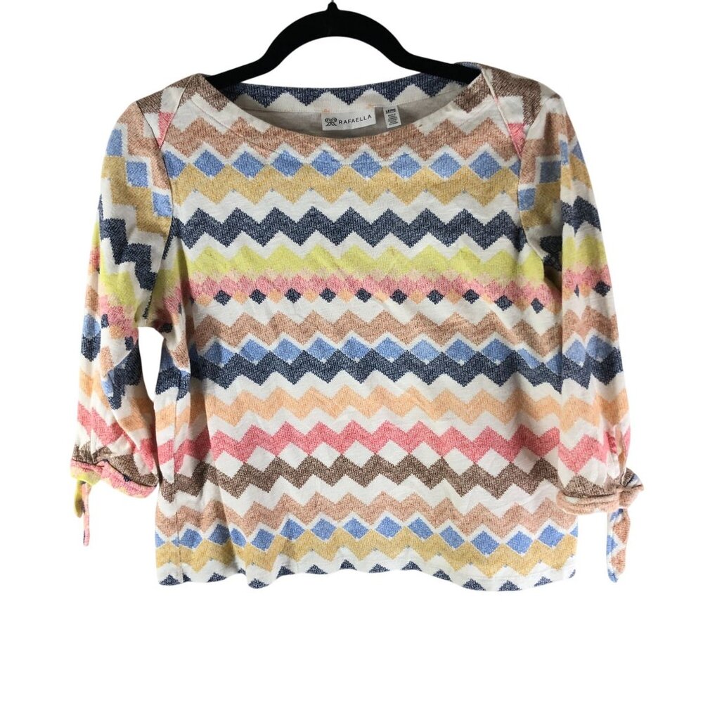 Rafaella Womens Chevron Pattern 3/4 Sleeve Tie Cuffs Cotton Knit Top L Petite